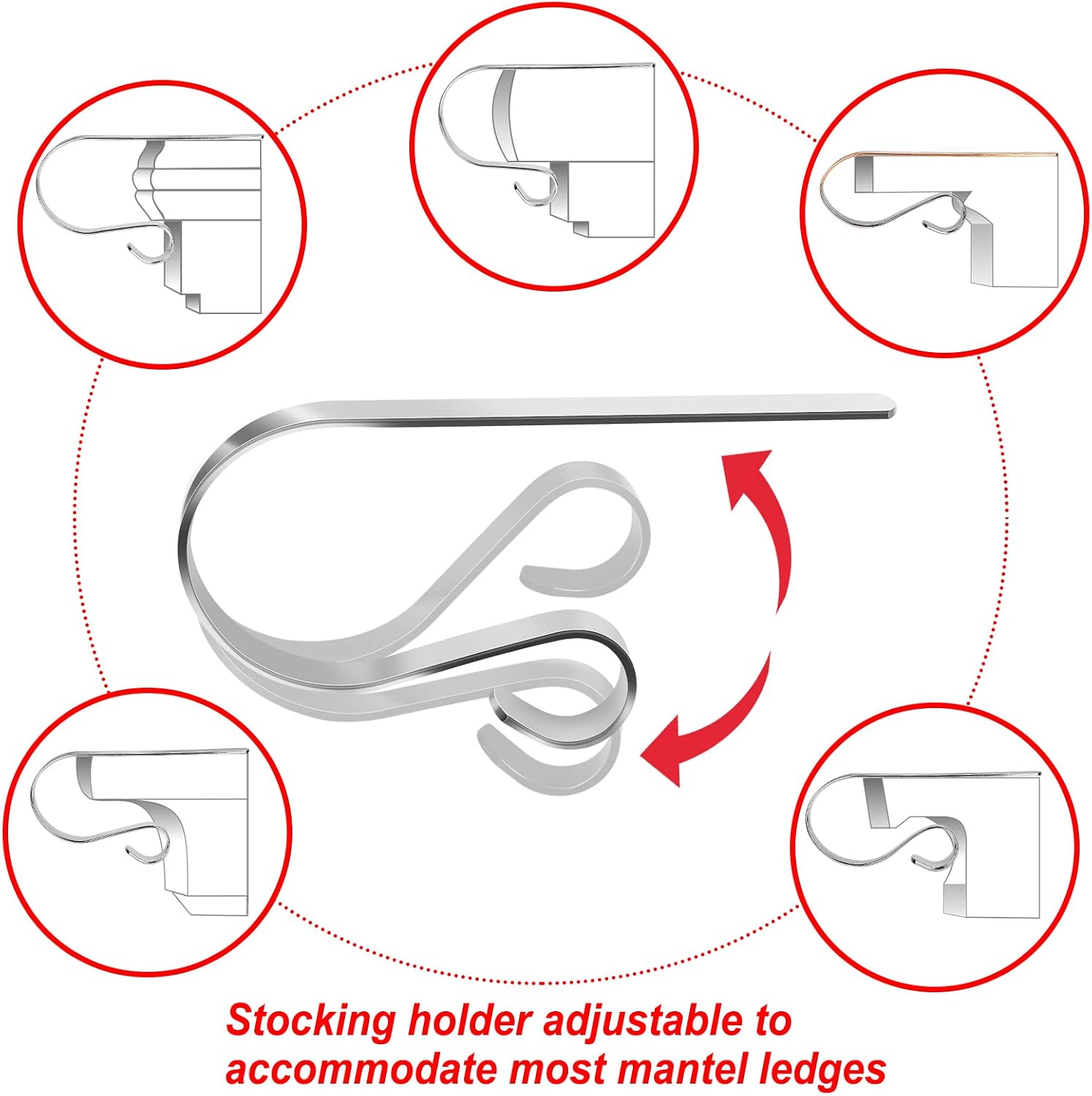 6 Pack Christmas Stocking Holders, Adjustable Stocking Mantle Hooks for Fireplace, Lightweight Stocking Hangers, Non-Skid Stocking Holders for Christmas Decoration (Silver)