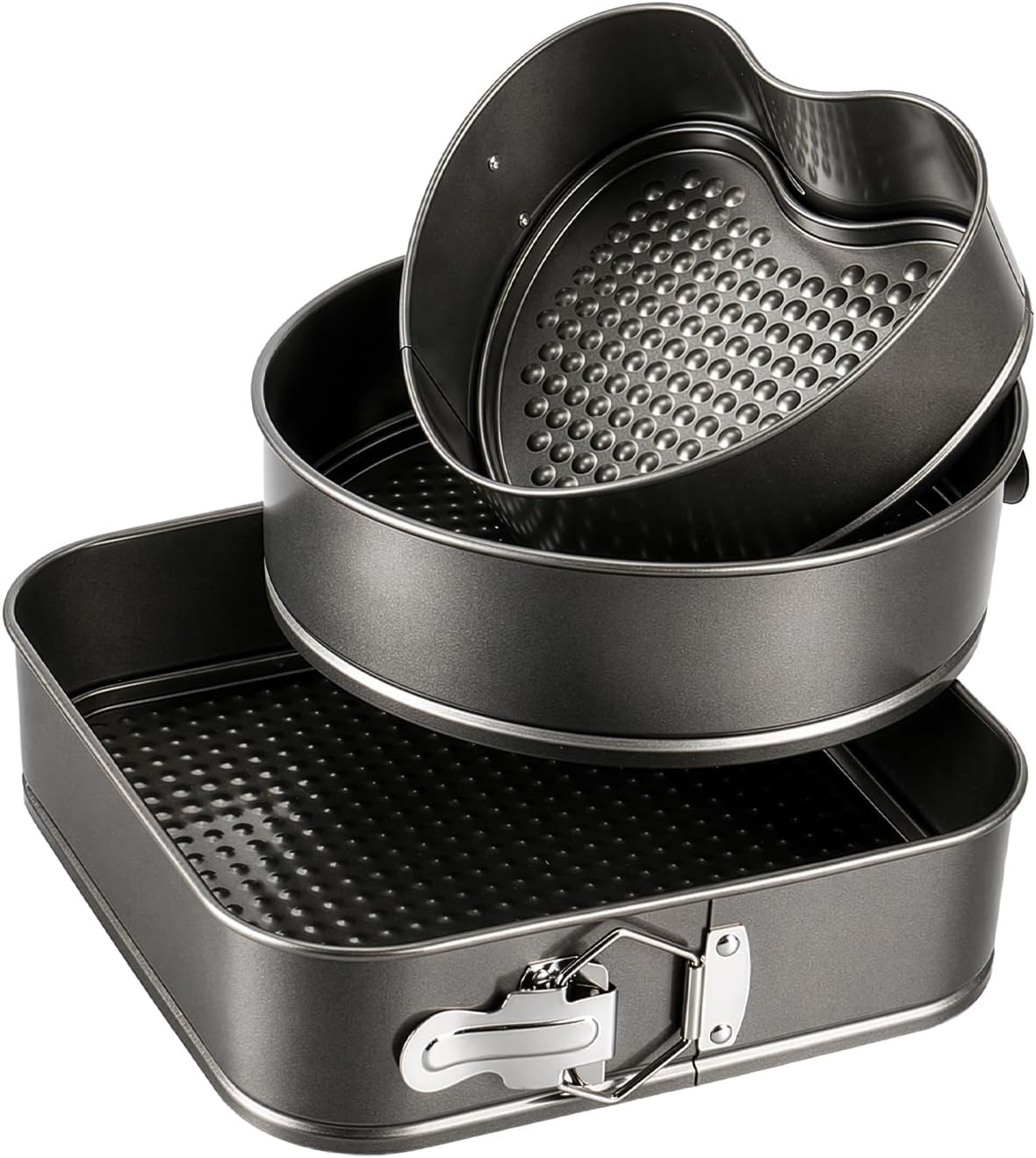 CRAVIING Springform Cake Tin Set of 3 – Non-Stick Loose Bottom | 9.5" Heart, 10" Round, 11" Square (24/26/28 cm) for Cheesecake, Bakeware Baking Set, Traybakes | Carbon Steel, Leak-Resistant