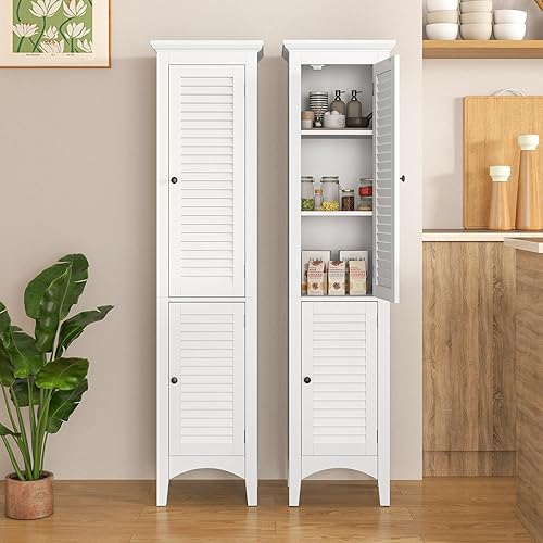 Miniatura 5 de Tangkula Armario de almacenamiento de baño, gabinete de almacenamiento estrecho de 63 pulgadas de alto con 1 estante ajustable y 2 puertas, moderna