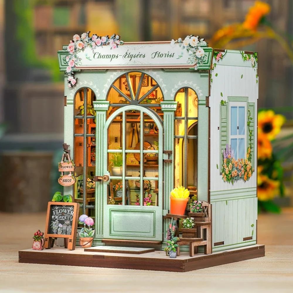 Figured'Art Book Nook Florist aus den Feldern – 3D-Modellbausatz aus Holz zum Bauen mit LED – Dekoration Bibliothek für Erwachsene – 199 Teile
