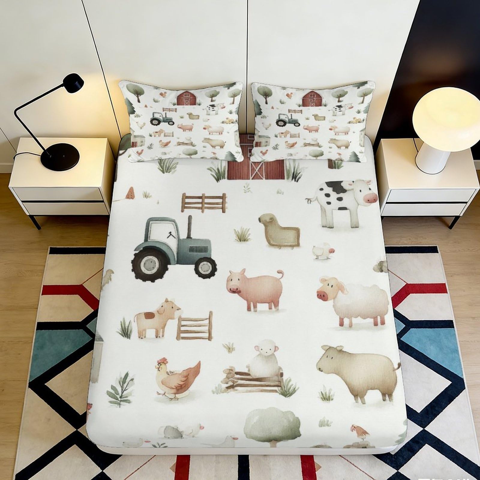 Pnayamiorkfel Style-8 3D Printed Farm Animal Fitted Sheet Microfiber Soft Anti-Slip Tractor Barn Mattress Cover Bedroom Decor 90X200x25cm