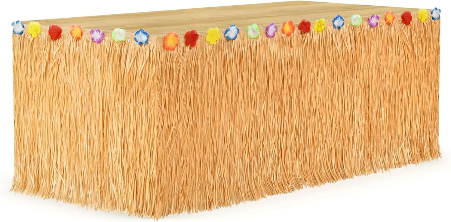 SUVO Luau Grass Table Skirt Hawaiian Flower 108x29.53in Grass Skirts for Luau Party Summer Tropical Hawaiian Party Decorations (4 Pack)