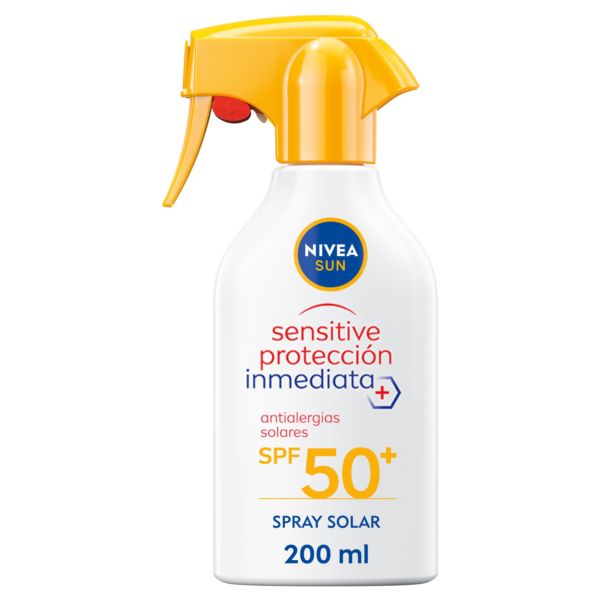 NIVEA SUN Sensitive Protección Inmediata Antialergias Solares FP50+ Spray (1 x 270 ml), spray solar resistente al agua, protector solar para piel sensible, pistola