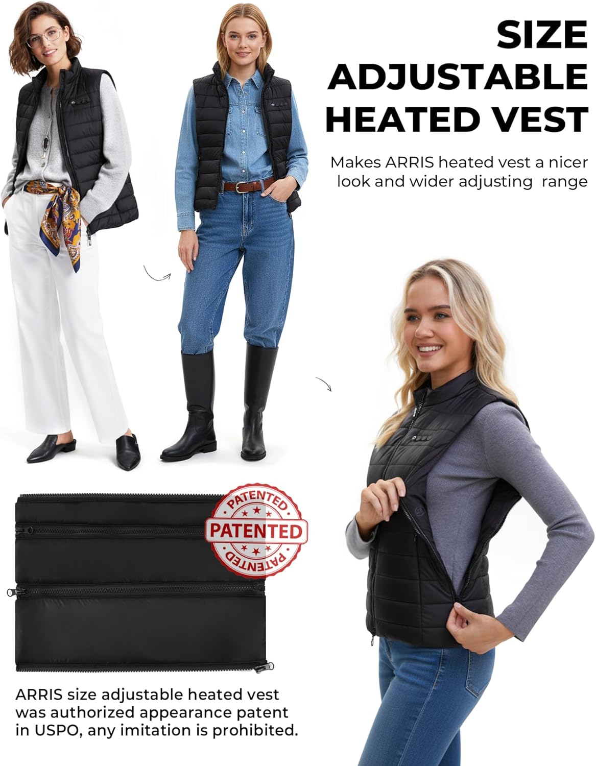 ARRIS Women`s Graphene Heated Vest, Size Adjustable Puffer Lightweight Heating Vest with 7.4V Battery Pack