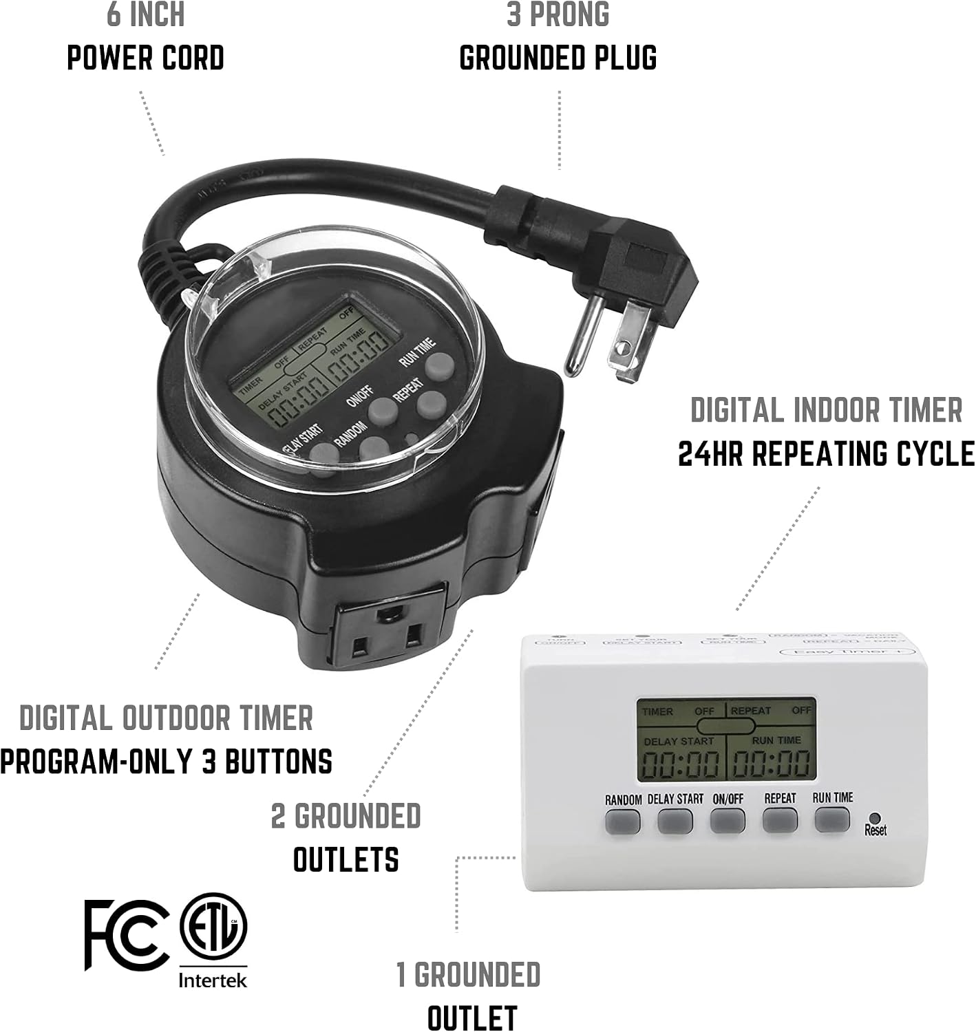 1 Grounded Outlet EZ Digital Timer with 2 Grounded Outlet Outdoor 24 Hour EZ Digital Programmable Timer with 6 inch Cord, for Christmas Lights and Holiday Decorations, CPCO95003