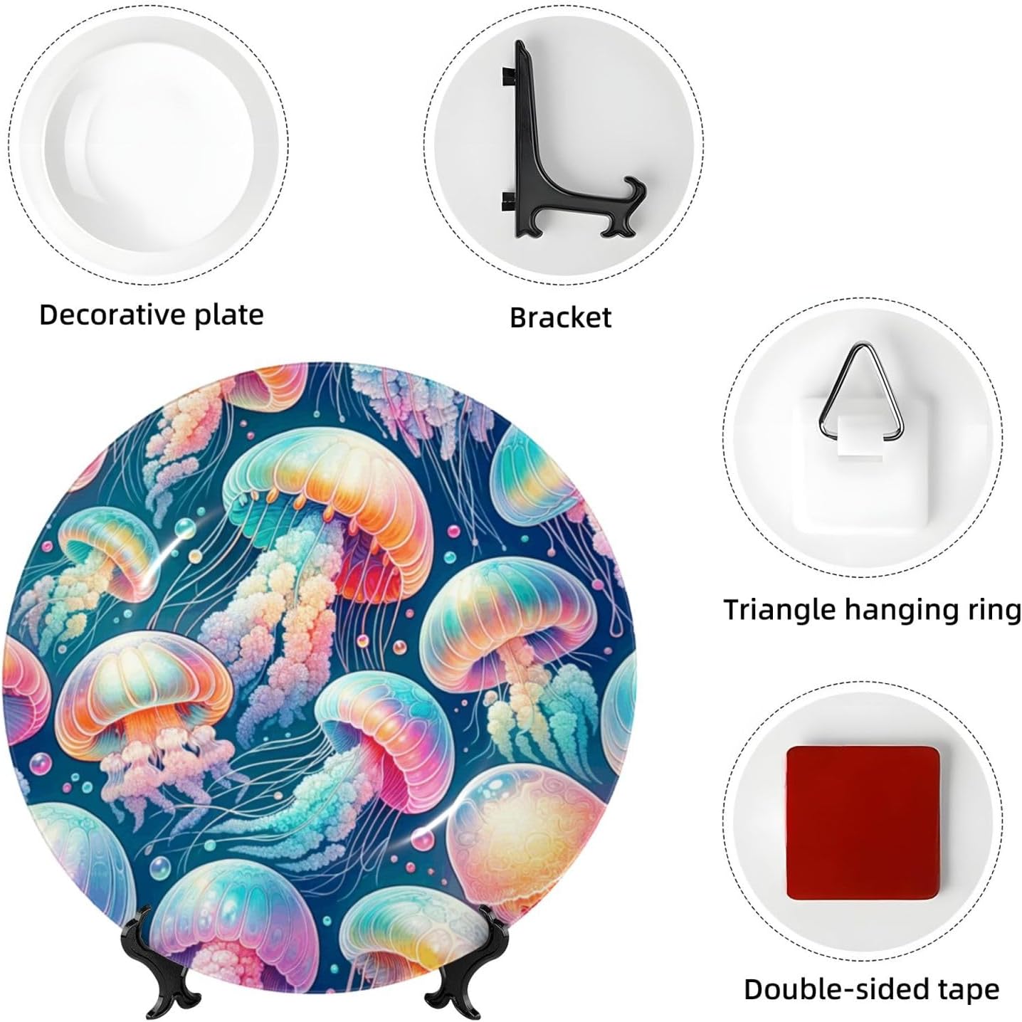 Colorful-Jellyfish 10 Inch Decorative Plate With Stand, Elegant Display Wall Plate For Home Decor