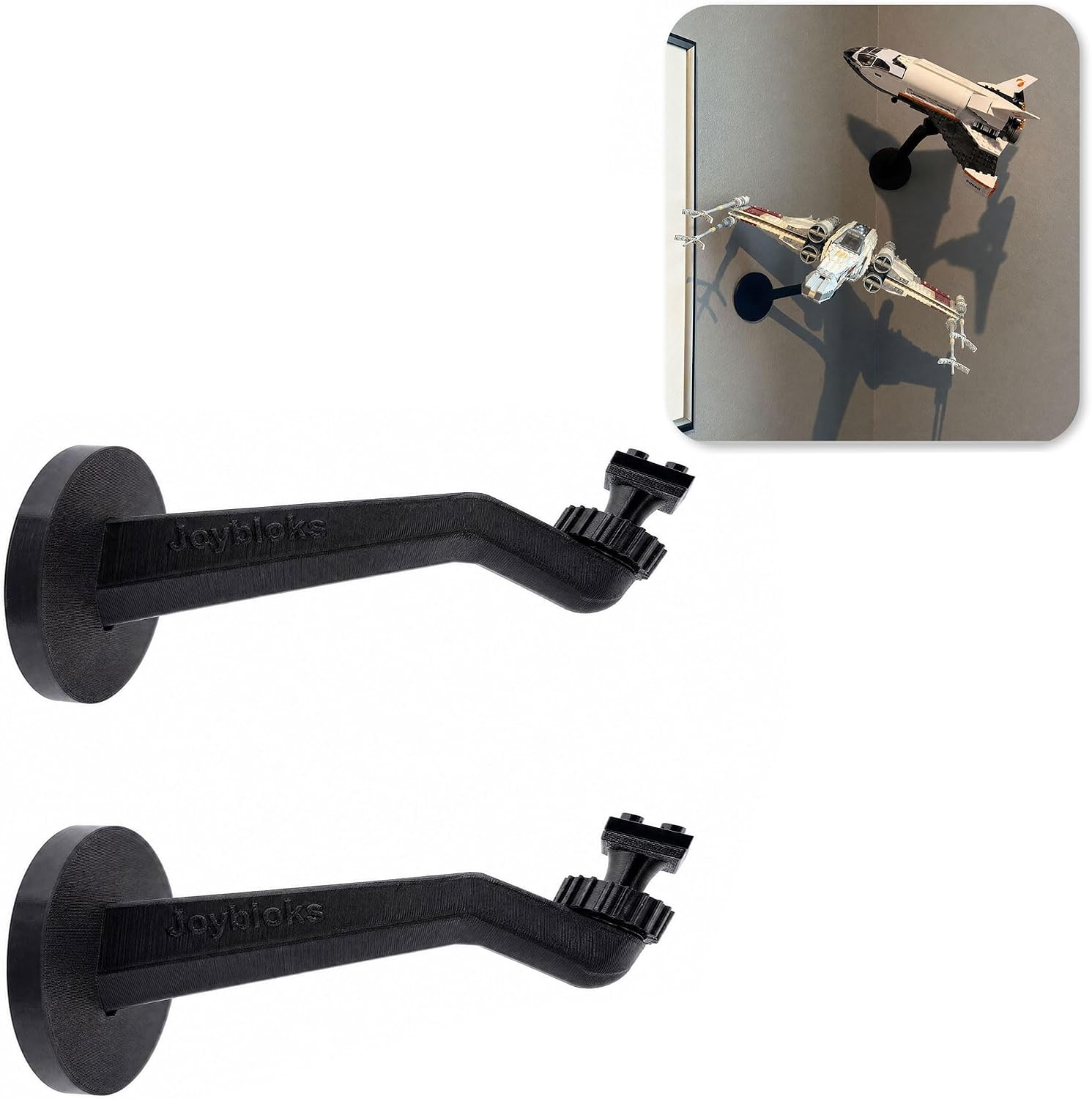 2 Pack Wall Mount Display Shelf for Building Block Sets (7 in) | Adjustable Tilting Floating Stand for Star Wars Ships & Models – 25° Tilt & 360° Rotating, Space-Saving