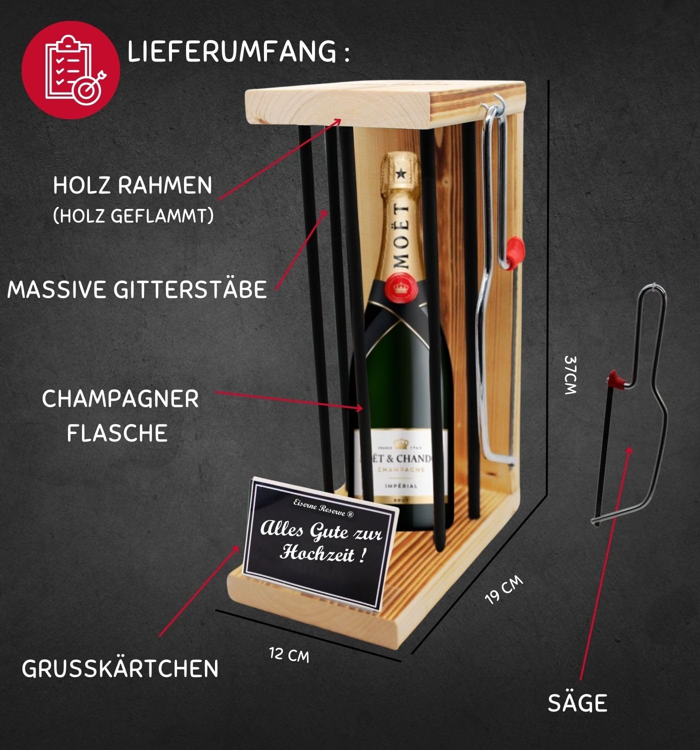 Moet Hochzeitsgeschenk für Brautpaar - Hochzeit Geschenk Eiserne Reserve Black Edition incl. Notsäge Text s/w Alles Gute zur Hochzeit Champagner (1 x 0.75 l)