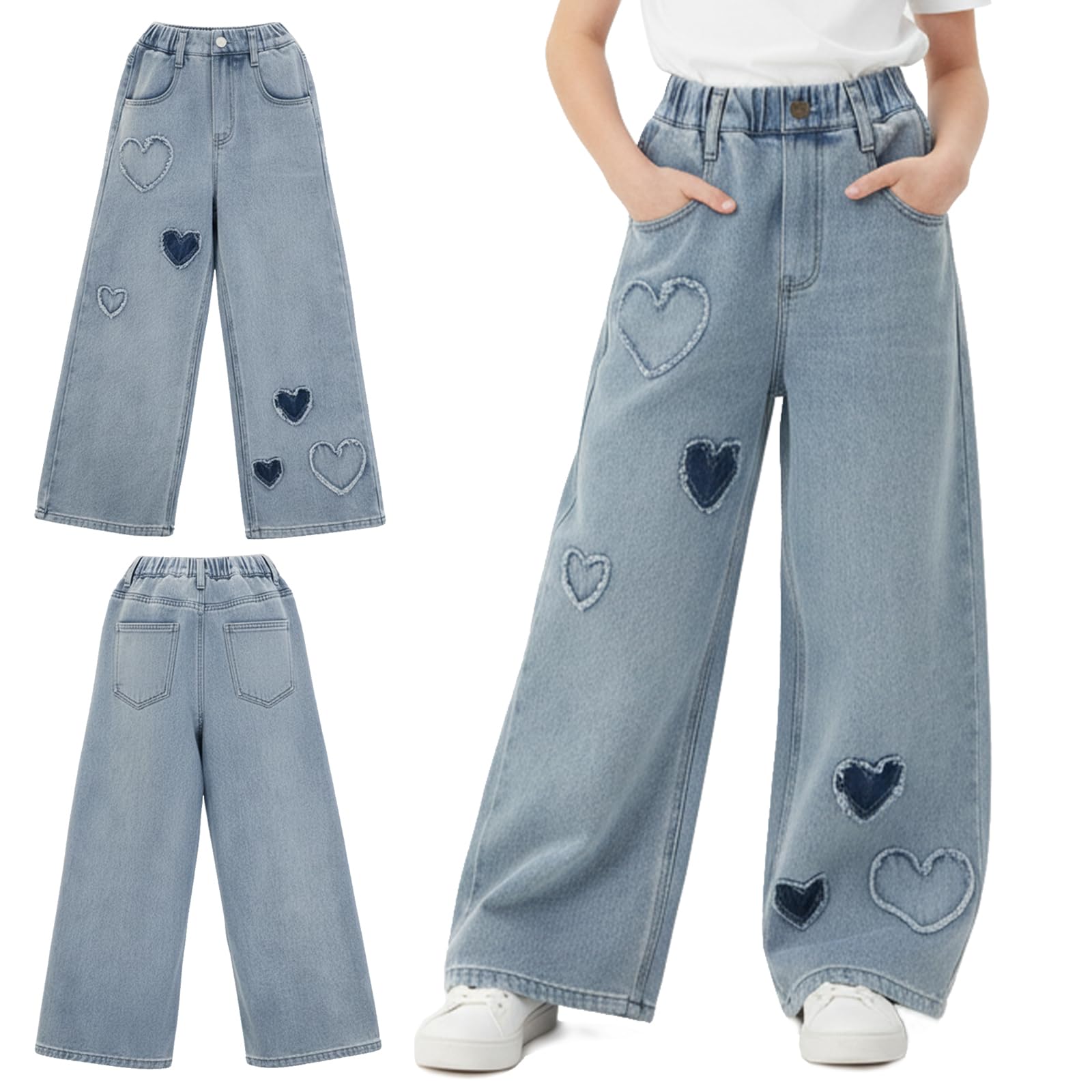 Jeans larghi a gamba larga da ragazza, pantaloni elasticizzati in denim a vita alta, casual, pantaloni hip hop a forma di cuore sciolto per bambini dai 6 ai 15 anni