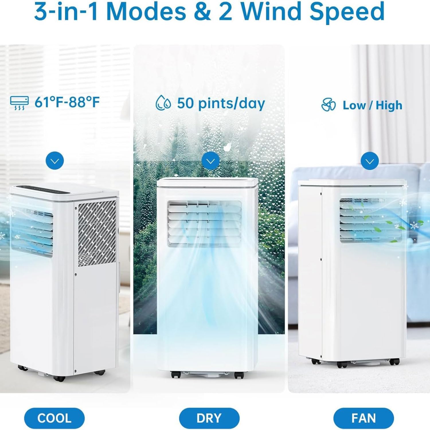 Tragbare Klimaanlage, 7000 BTU AC-Einheit, kühlt bis zu 32,5 m², leise Klimaanlage mit Ventilator und Luftentfeuchter, Fernbedienung, 24-Stunden-Timer, komplettes Fenster-Installationsset für