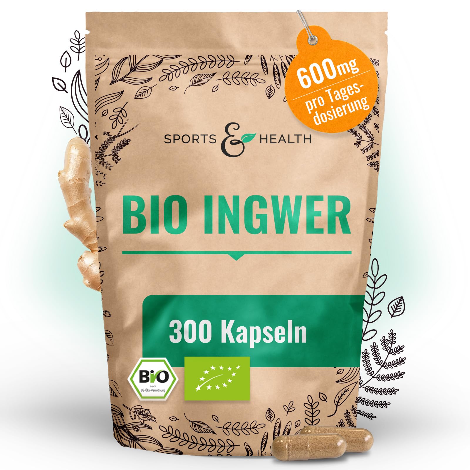 Ingwer Kapseln – BIO – 300 Kapseln – 600mg pro Kapsel – Vegan – Frei von Zusatzstoffen – Ingwer Kapseln Hochdosiert