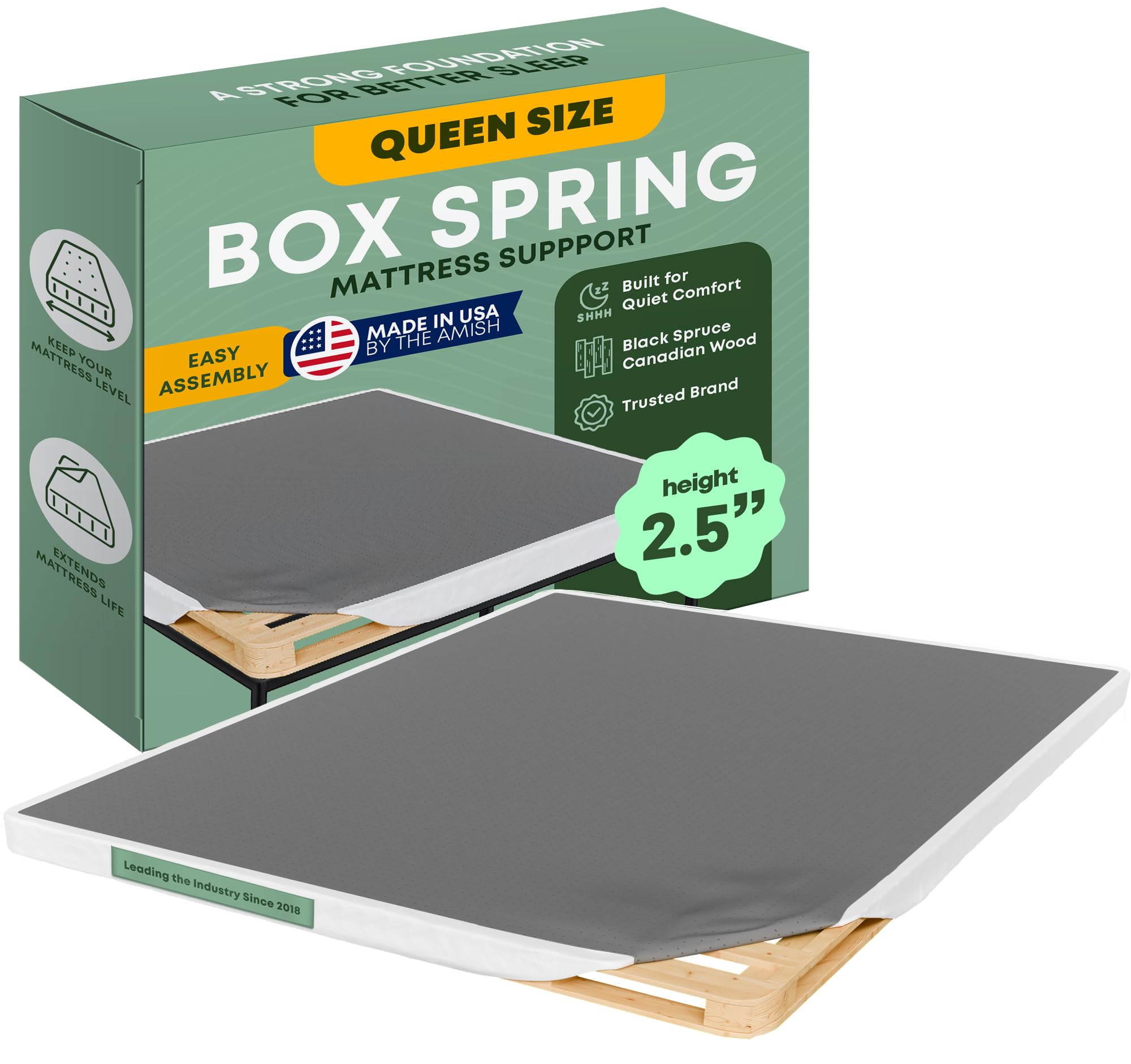 greaton, 2.5'' queen box spring for queen bed - amish-made in the usa - solid wood box spring mattress foundation with stable & quiet support - flat-packed & easy assembly - white
