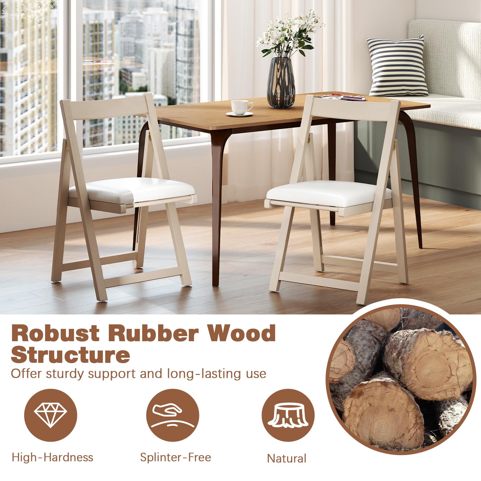 GIANTEX Set di 2 sedie pieghevoli, imbottite, con telaio in legno di gomma e schienale inclinato, per cucina, soggiorno e balcone (beige)