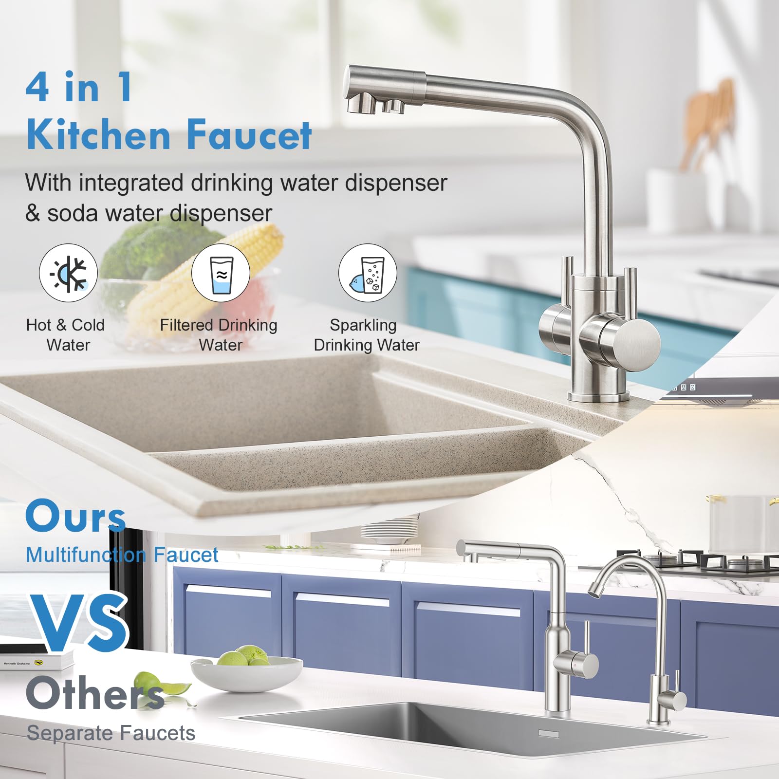 Grifo de Cocina de 4 vías de Doble Palanca, Grifo de Fregadero Cocina con Agua Potable y Agua con Gas para filtro de Agua y Burbujeador acero inoxidable, cepillado
