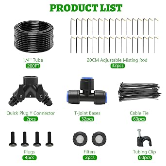 200FT Drip Irrigation System Kit, Garden Watering System with 32 360° Adjustable Spray Rods, 1/4 Inch Irrigation Hose & Quick Connect Y Splitters for Greenhouse Outdoor Plants