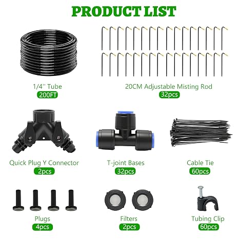 200FT Drip Irrigation System Kit, Garden Watering System with 32 360° Adjustable Spray Rods, 1/4 Inch Irrigation Hose & Quick Connect Y Splitters for Greenhouse Outdoor Plants
