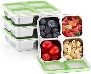 BEFOY 4 Pack Stainless Steel Snack Containers with Lids, | 4 Compartment Snackle Bento Lunch Box, Leak-Resistant Food Storage for Adults, Meal Prep, Portion Control(Green, 4)
