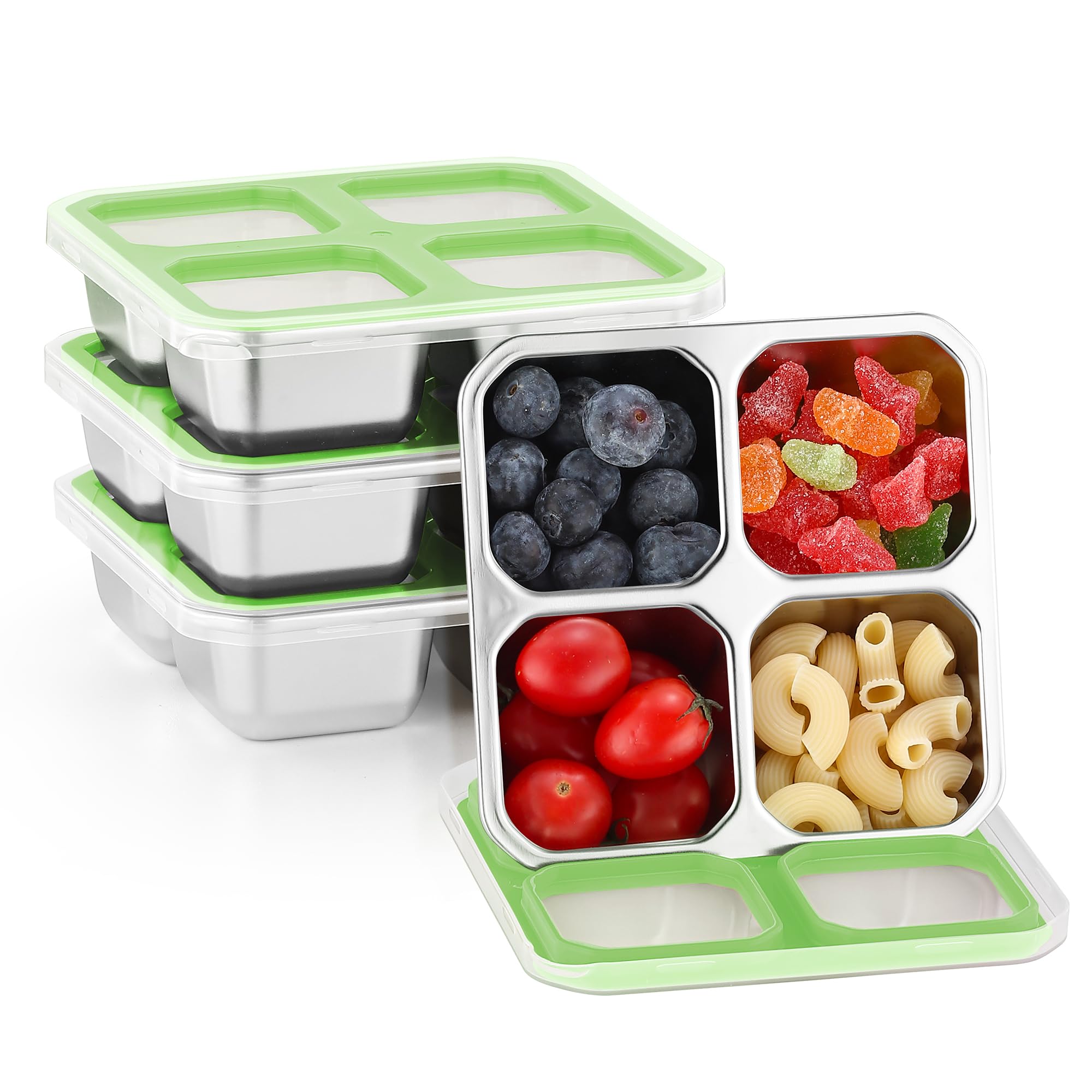 Misichao Stainless Steel Snack Boxes with 4 Compartments | Reusable Snack Containers Small Bento Lunch Box for Kids Adults Divided Meal Prep Containers for School Work and Travel 4 Pack Green