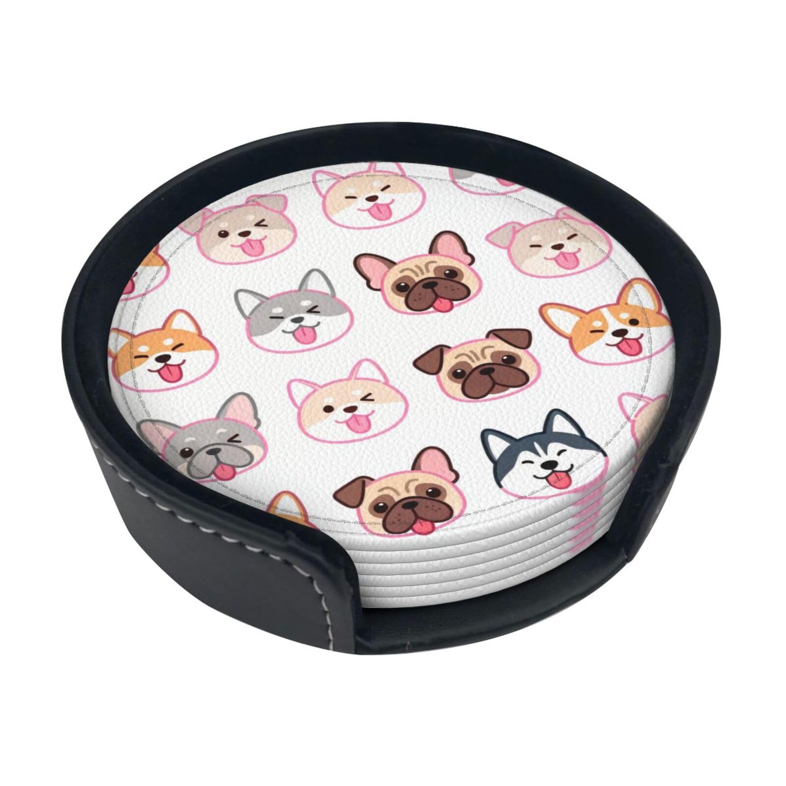 Cute dog head Leather Coasters-Set of 6 with Storage Holder