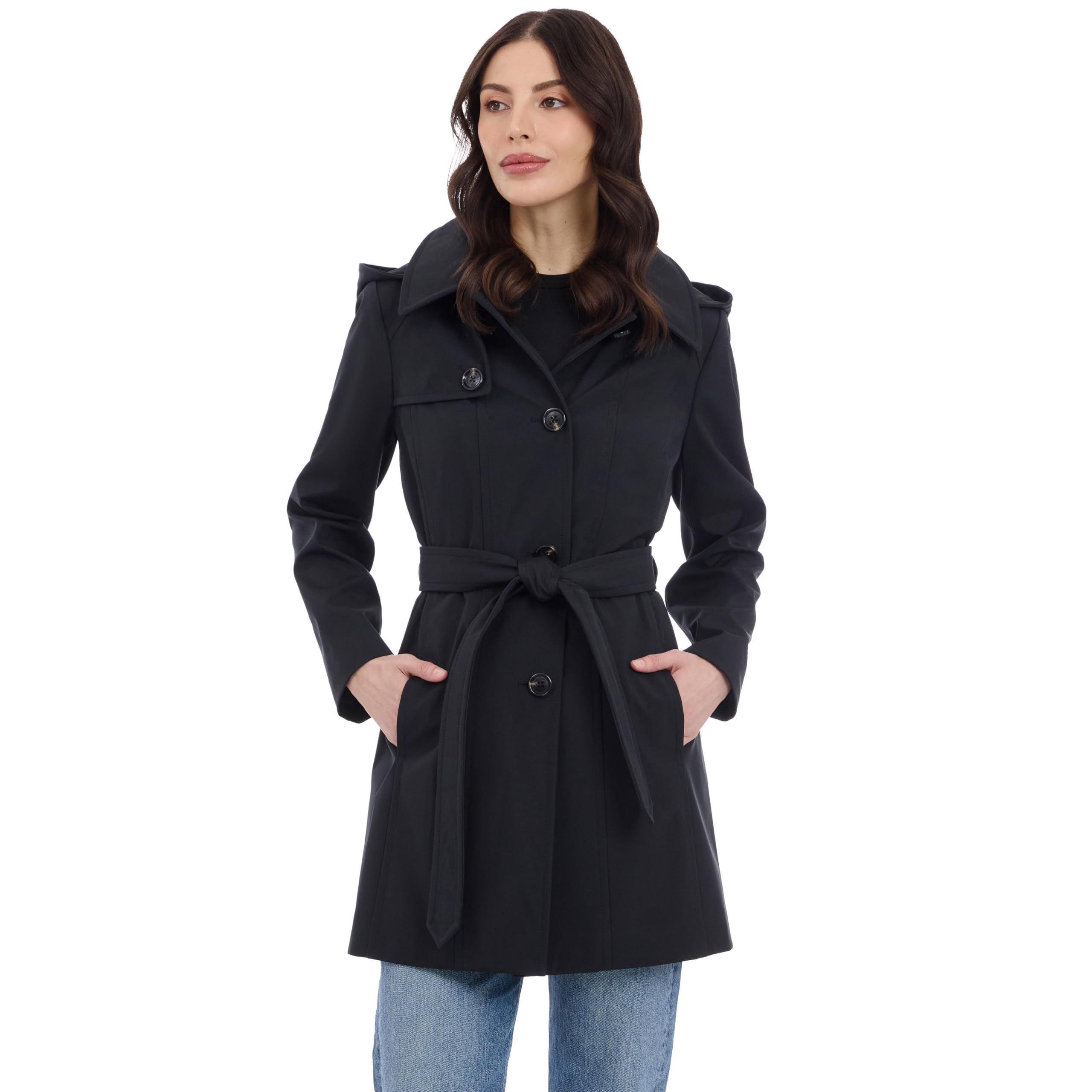 Michael Kors Women's Trench Coat Style Raincoat with Detachable Hood Trench Coat, black, XL