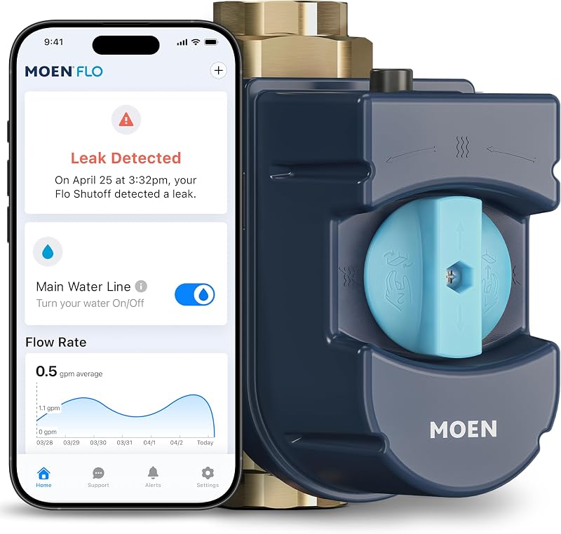 Moen Flo Shutoff, 1 1/4" Automatic Water Leak Detector & Shutoff, 900-002 | Automatic Shutoff, Leak Detection, MicroLeak Tests, Monitors Flow, Pressure, Moisture, and Temperature, WiFi App Control