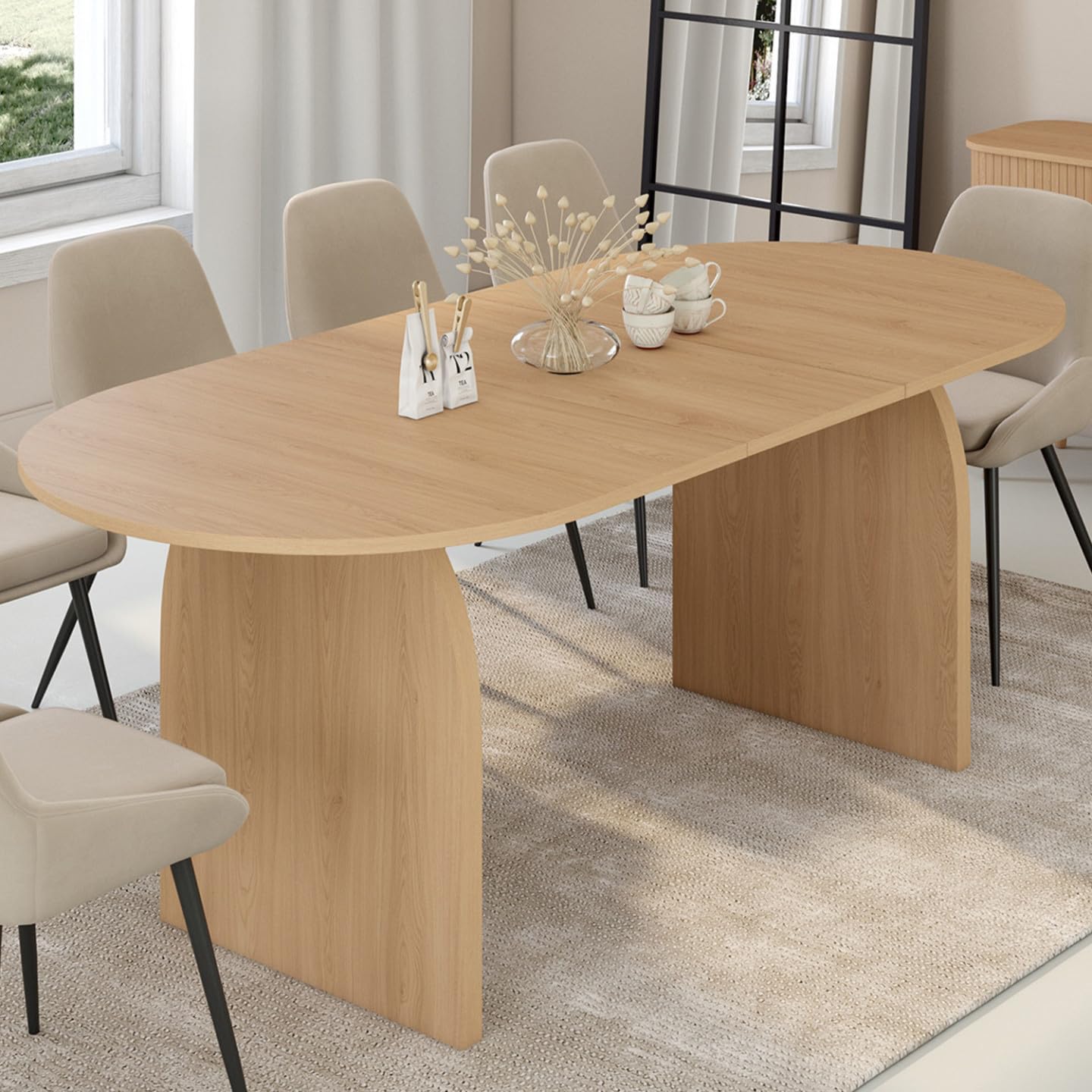 IDMarket - Tavolo da pranzo ovale japandi allungabile EDITH 6-10 persone in faggio effetto legno 160-200 cm