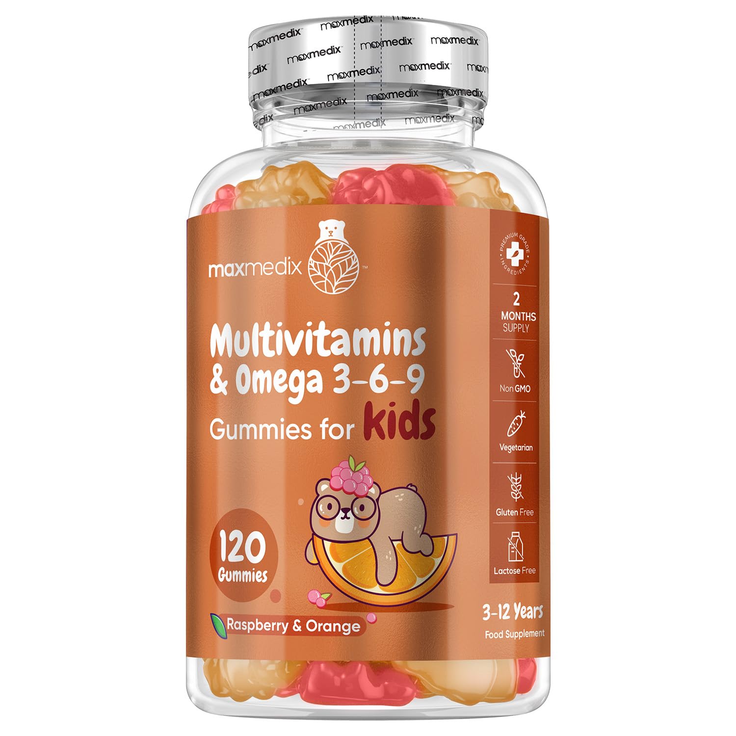 Multivitamin for Kids - 120 Tasty Gummies - 2 Months Supply - 17 Ingredients Like Vitamins A, C, D, B12, B6, E & Zinc - Natural Raspberry & Orange Flavours - Gluten-Free Kids Vitamins with Omega 3-6-9