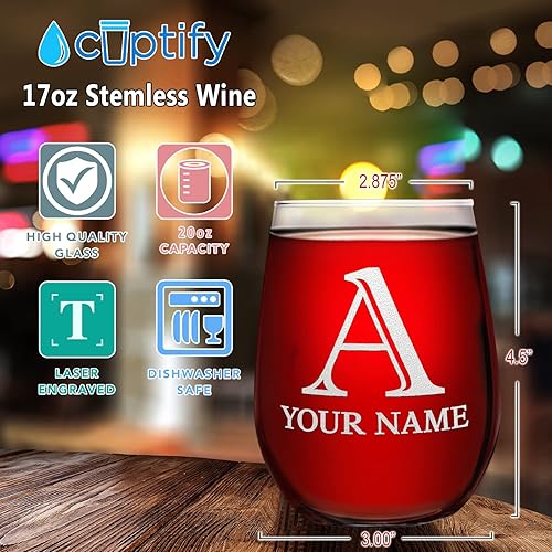 Miniatura 2 de Cuptify Copas de vino personalizadas con letra inicial A de 17 onzas sin tallo grabadas con monograma para mujeres, madre y boda