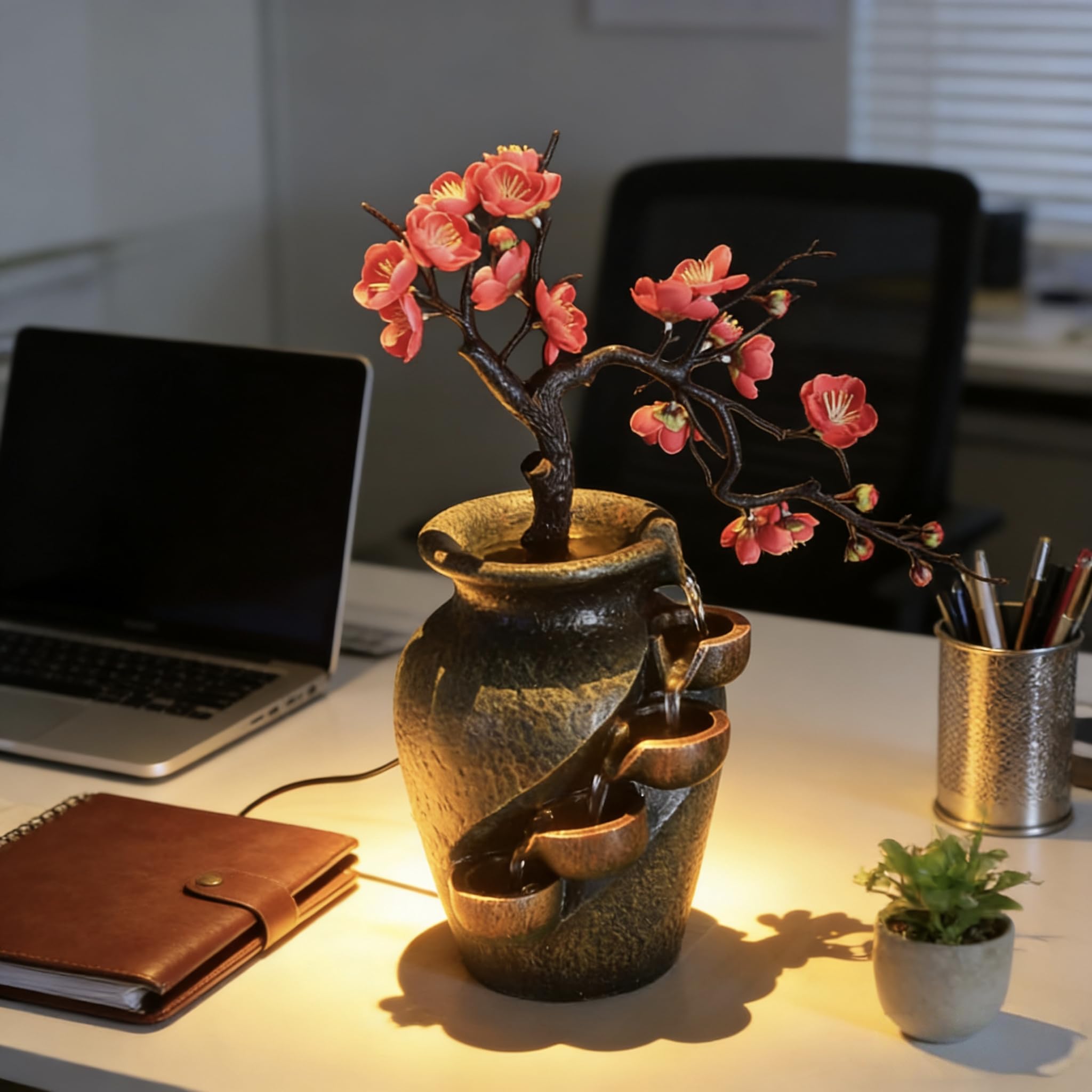 16" Flower Ornament Vase Decorative Bonsai Mini Tabletop Waterfall Fountain Indoor with Water Flow & Artificial Bouquet, Desktop Water Fountains Restaurant Coffee Home Decor or Festival Birthday Gift