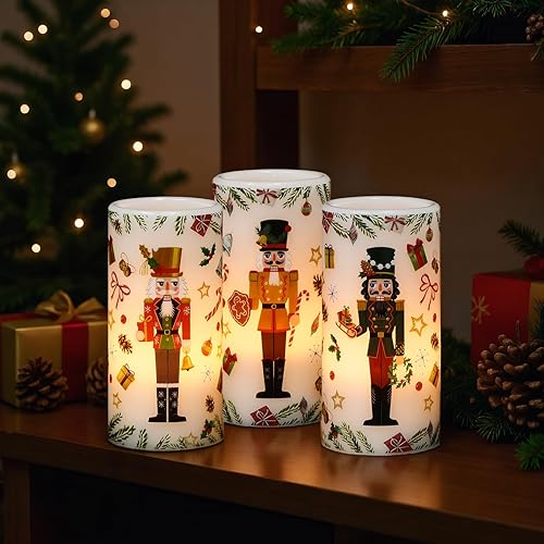 Miniatura 5 de Velas de pilar sin llama de cascanueces de Navidad con temporizador remoto, velas LED en soporte de cera real, vela a pilas para decoración de