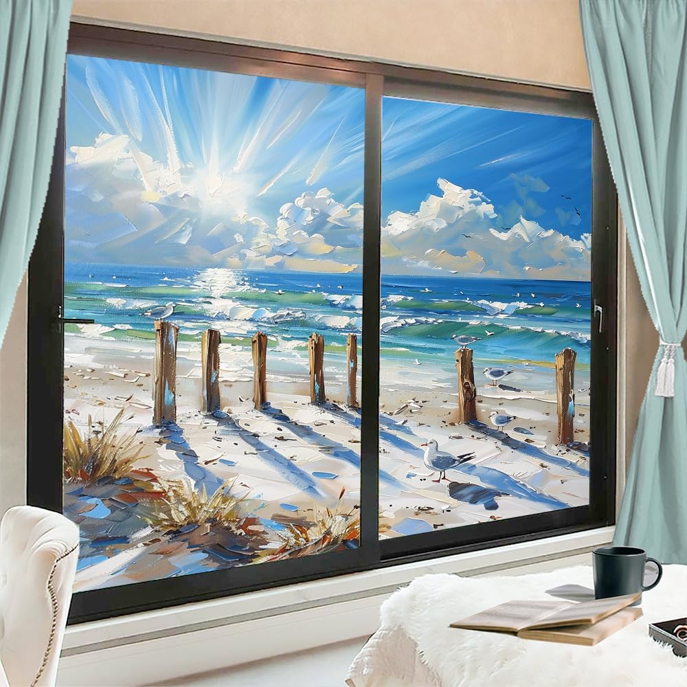 Bunte Sichtschutzfolie mit Meeresblick, Einweg-Fensterfolie, natürlich, blau, Strand, Möwen, abstrakt, hitzeblockierend, selbstklebend, Sichtschutz, 70 x 100 cm, 2 Stück