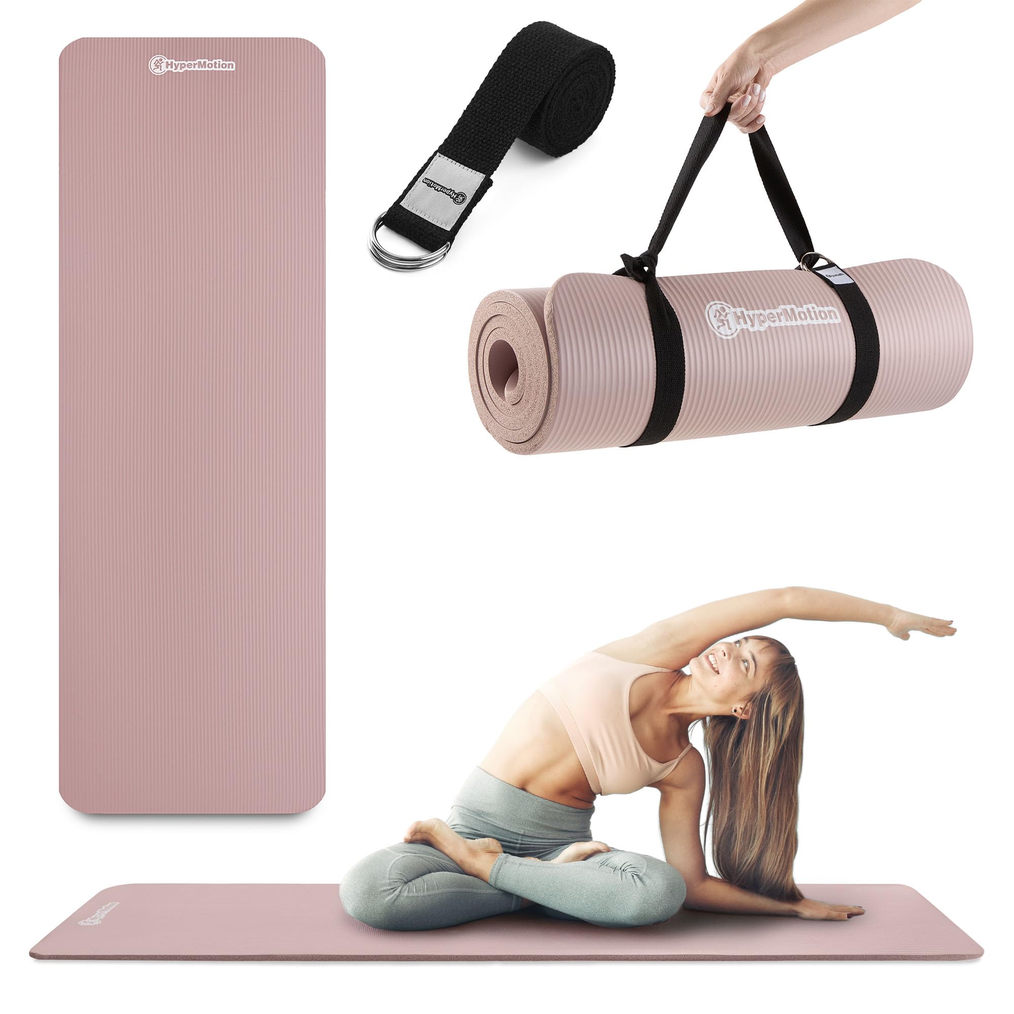 HyperMotion Mata do Ćwiczeń Fitness i Jogi NBR 183x61x1,5 cm Brudny Róż, Antypoślizgowa 15 mm, z Paskiem do Ćwiczeń i Przenoszenia, Gruba Mata do Jogi, Pilates i Stretchingu