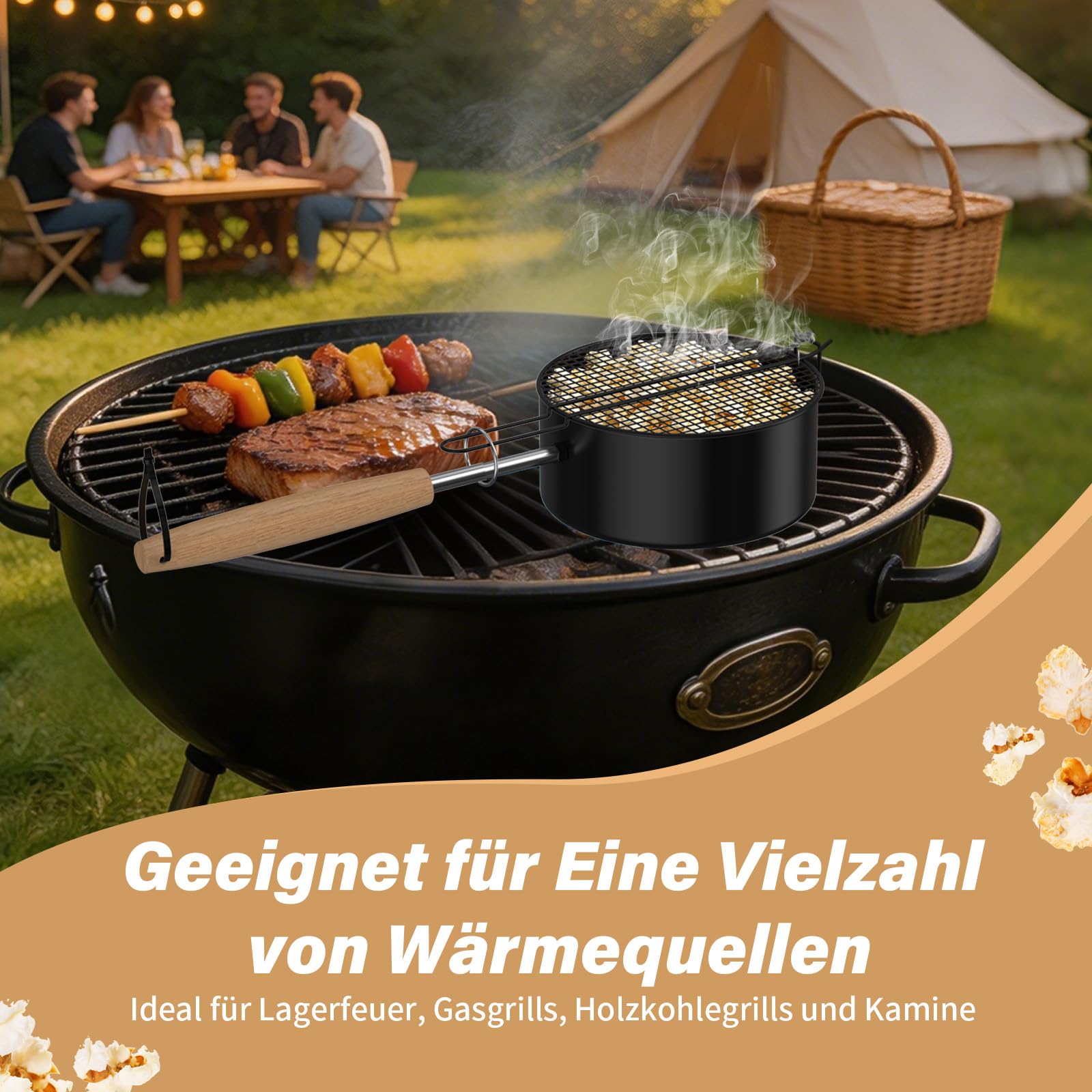Stufa a Pop-Corn per Fuoco da Camp in Acciaio Al Carbonio, Macchina per Pop-Corn Antiaderente per Esterni per Fuoco da Campo, Stufa a Pop-Corn Portatile per Casa, Barbecue, Campeggio e Giardino Party
