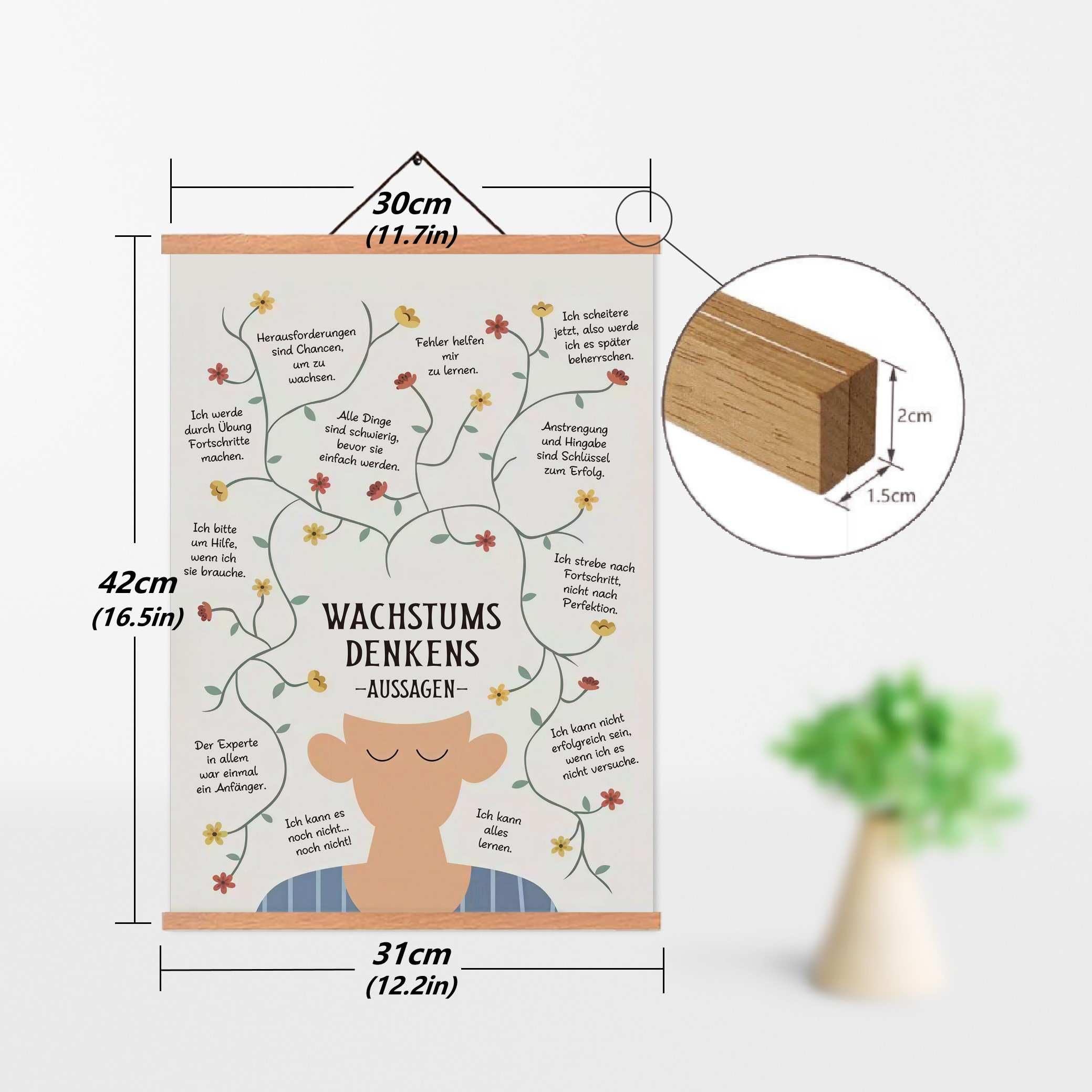ZDFDC Wachstumsdenken Poster A3 Set mit Teakholz Magnetischer Posterleiste, 30x42 cm Leinwandbild Growth Mindset Aussagen für Grundschule & Kinderzimmer, Motivierende Lernposter Wanddeko