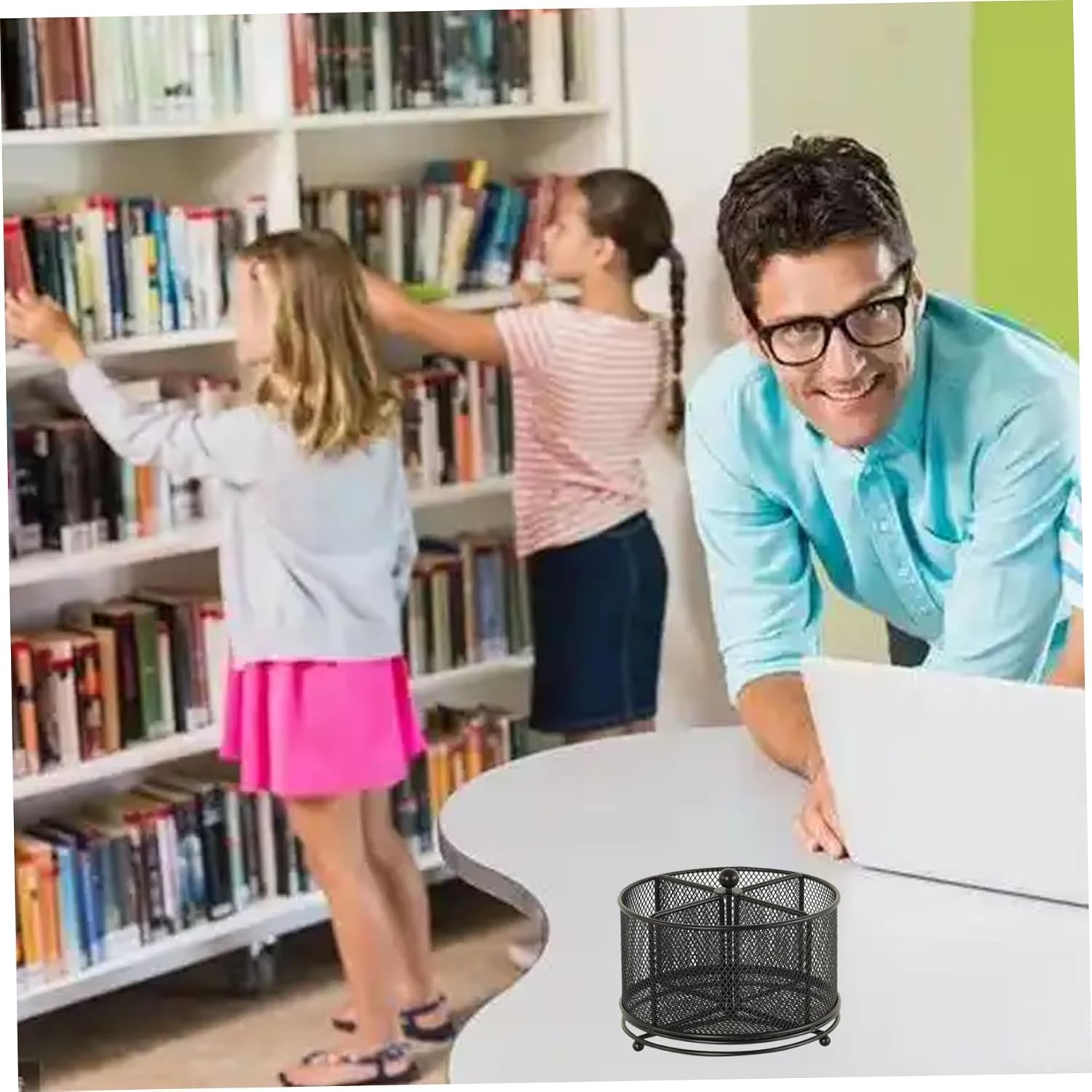 Pen Organizer, 360-Degree Rotating Desktop Organizer with 4 Compartments, 6.7x5 Black Iron Marker for Desk, Art Supply, Brush, Pencil..