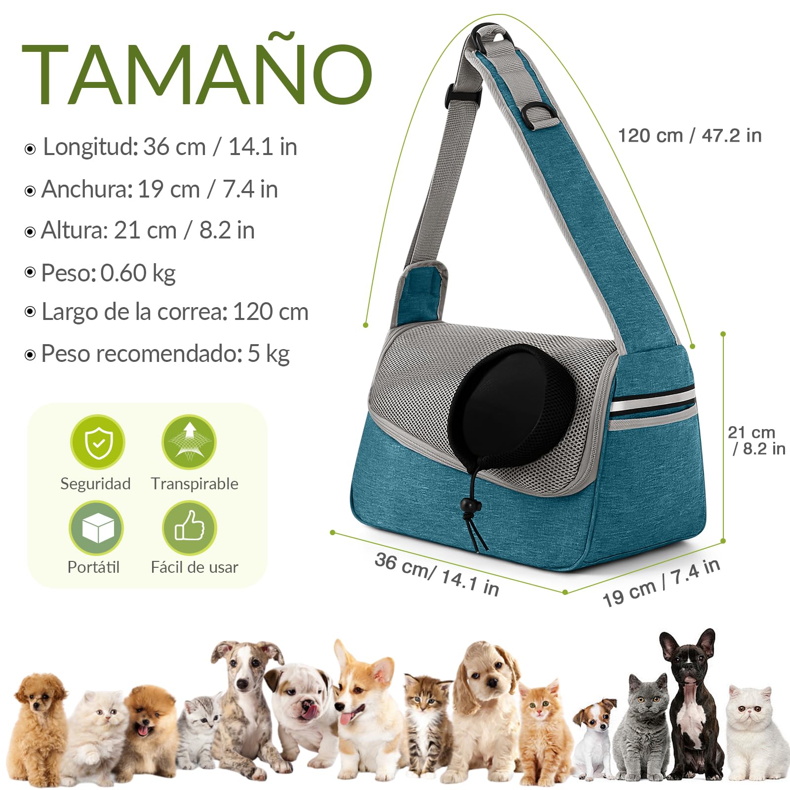 ALLSOPETS Bolsa Bandolera para Perros Pequeños y Gatos – Sling Transpirable para Cachorros con Correa Ajustable y Bolsillo Lateral, Transportín para Gatos de Viaje y Camping (Azul Cielo)