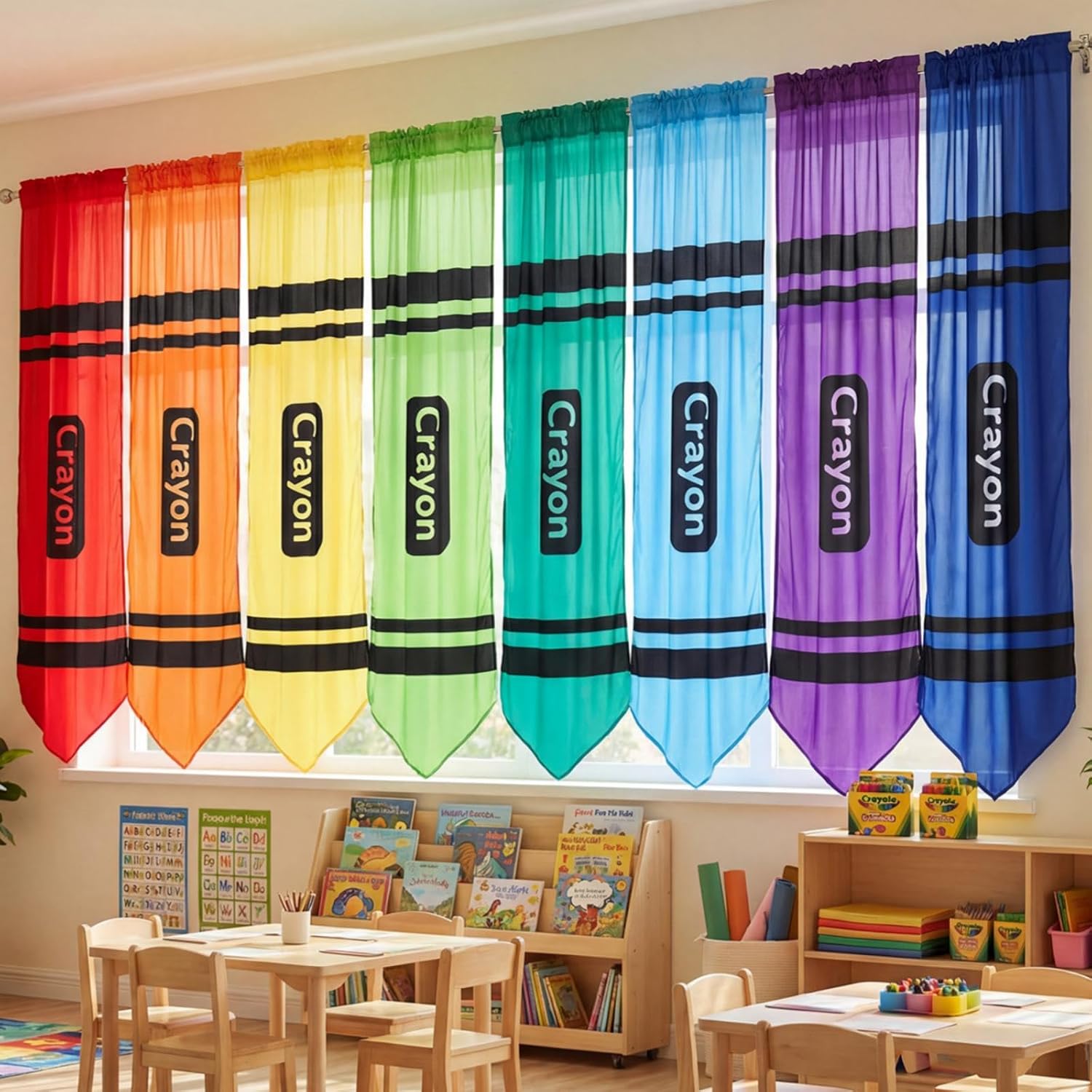 SmoothNovelty 8 Pcs Rainbow Crayon Window Curtains Back to School Colorful Sheer Window Decor for Preschool Kindergarten Classroom School Playroom Learning Spaces, 23.6 x 63 Inches