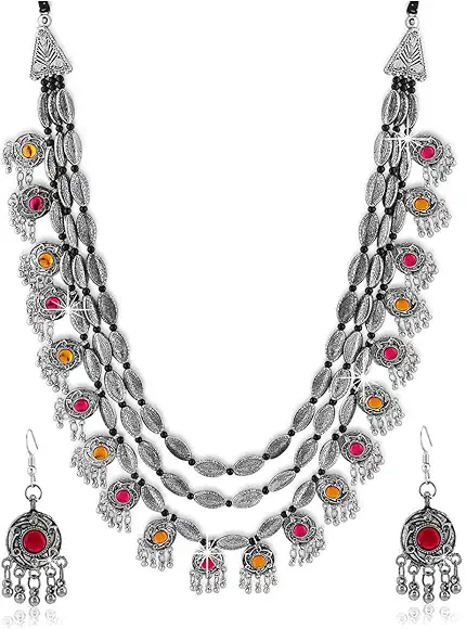 YouBella Fashion Jewellery Antique Oxidised Silver Plated Tribal Jewellery Necklace Earring Set for Women & Girls.(Valentine Gift Special). (Multi)
