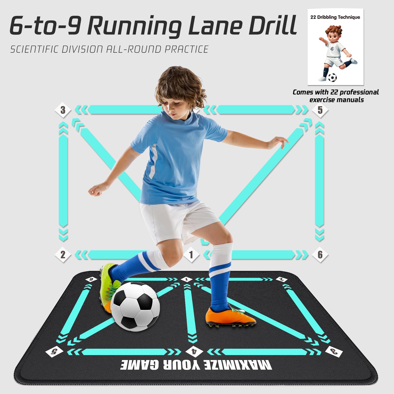 Soccer Training Mat with Non-Slip Surface and Silent Shock Absorption - Soccer Footwork Training Mat for Teens 6-11 Years Old (Youth Sports Equipment)