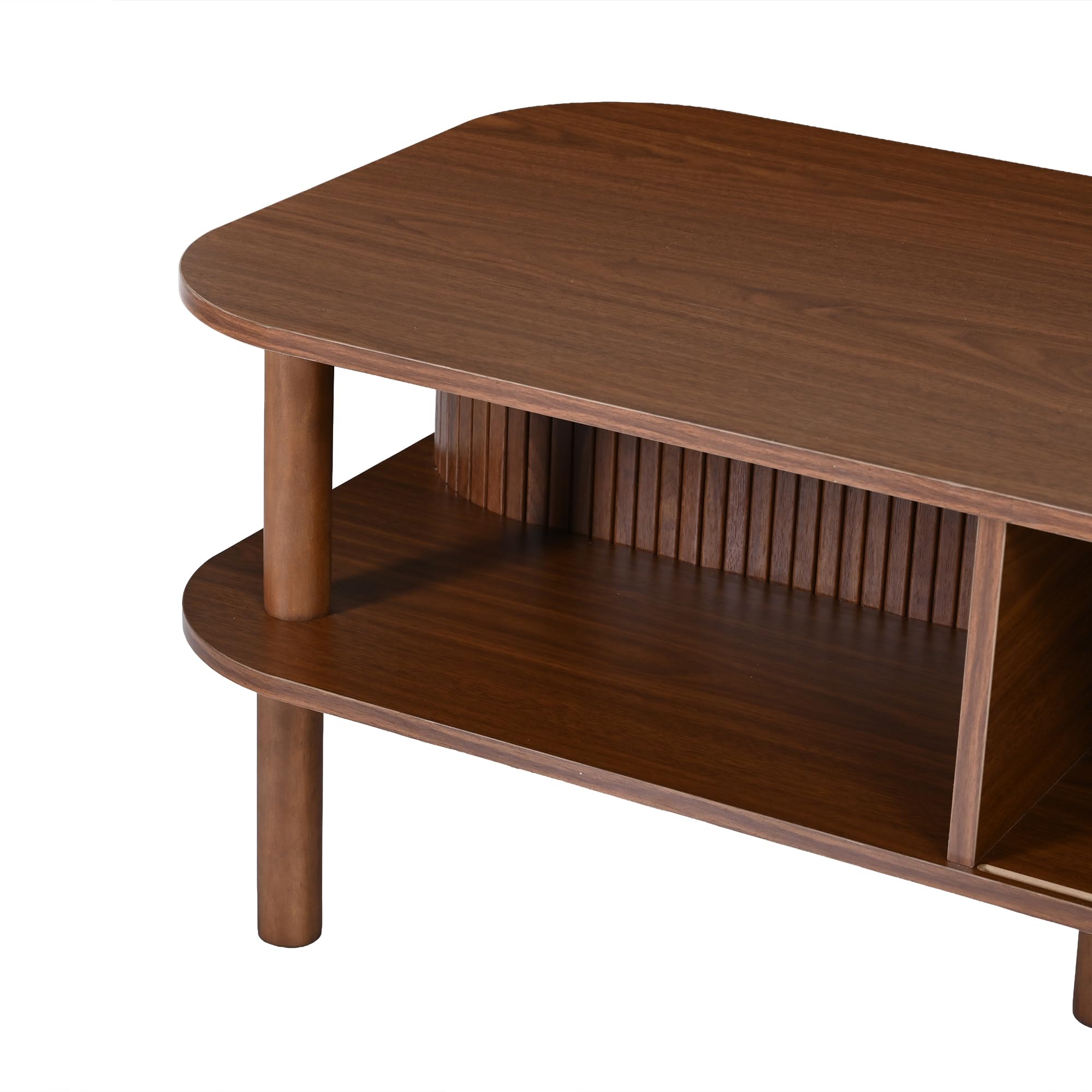 Couchtisch 110x55x45cm aus MDF, Skandinavischer, Rolltor, offene Fächer, Stauraum, belastbar 60 kg, Walnussholzfarbe