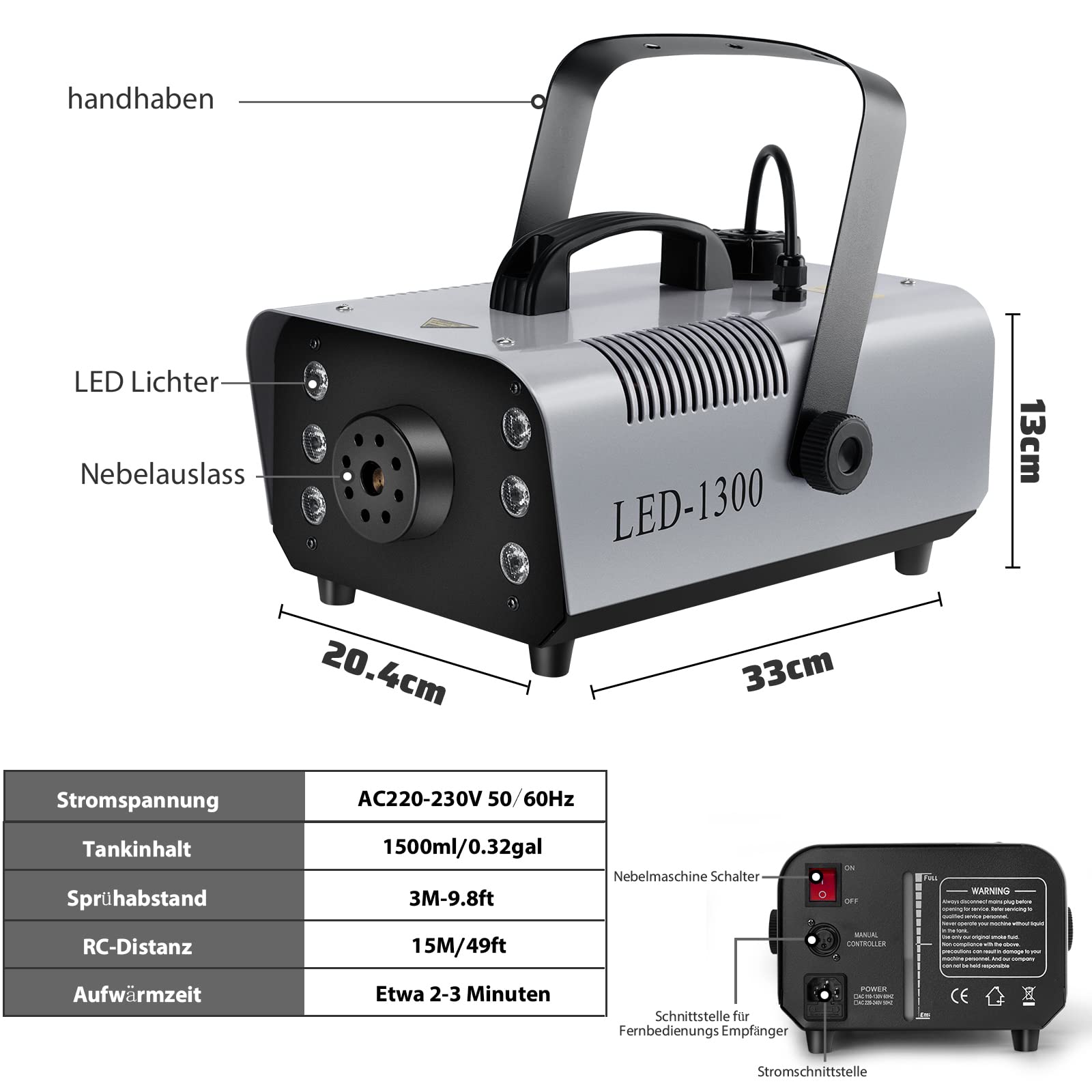Machine à fumée 1300 avec effet RVB, 13 couleurs, 6 LED, mini fumée, avec 2 télécommandes filaires et sans fil pour DJ, discothèque, Halloween, mariages, Noël