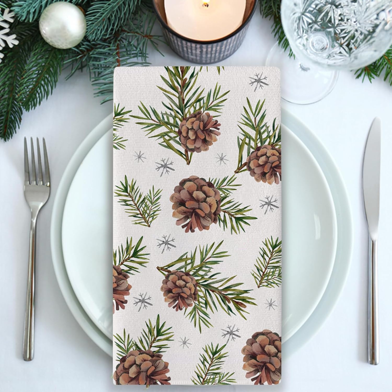 Hello Winter Brown Kitchen Dish Towel, Pine Cones Branches Snowflakes Drying Hand Towel Baking Cooking Cloth, Christmas Buffalo Plaid Farmhouse Home Decoration 18 x 26 Inches - Image 5