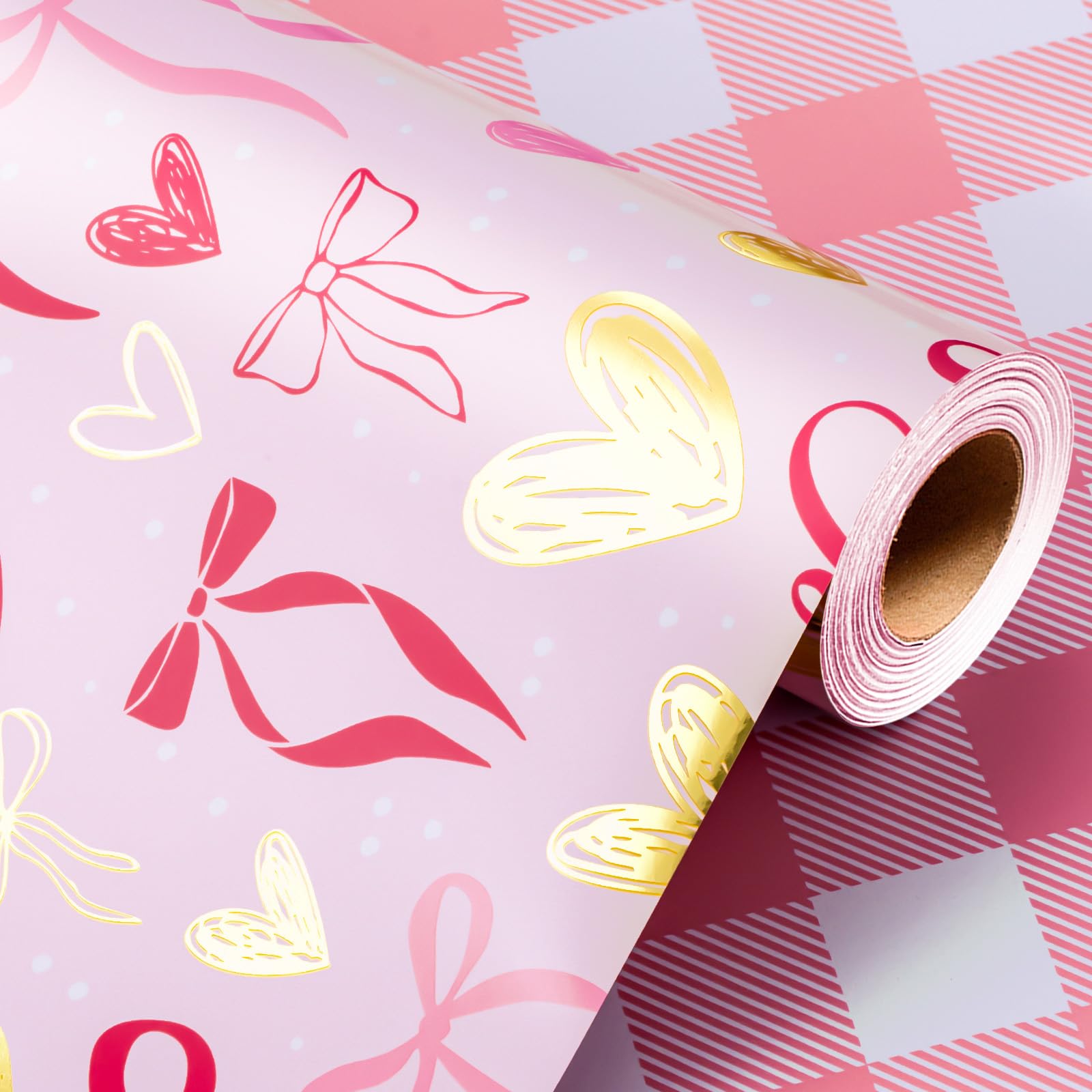 Wikadlik Geschenkpapierrolle in Herzform, rosa Schleife und kariertes Design, Geschenkpapier für Valentinstag, Jahrestag, Muttertag, Hochzeit, 43 cm x 10 m