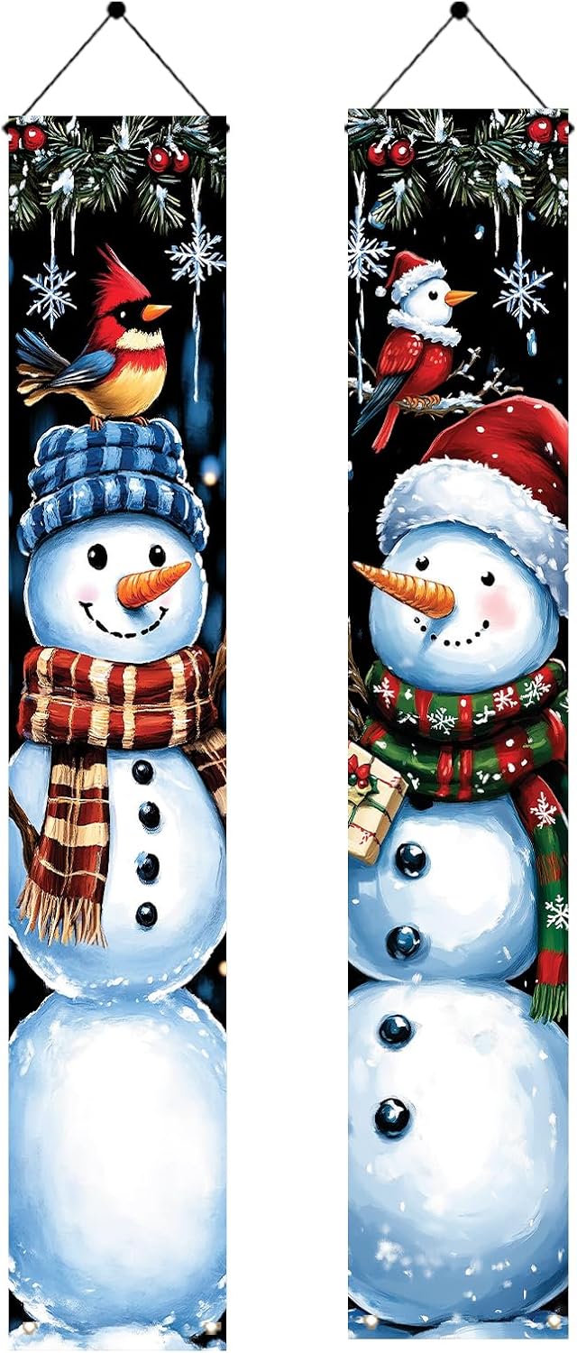 2PCS Christmas Snowman Porch Banners 71 x 12 Inch Vertical Holiday Door Decorations with Cardinals and Snowflakes Winter Front Door Hanging Signs for Christmas Yard Entryway Wall Decor