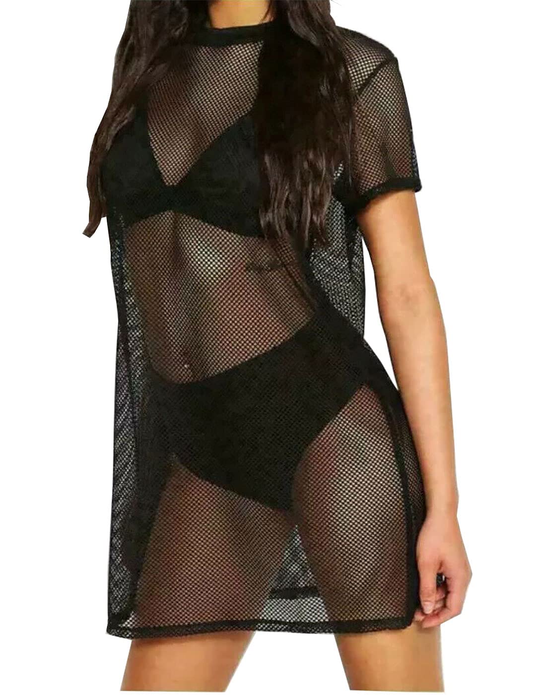 Fairy Trendz Ltd Women's Black Short Sleeve Fish Net See Through Oversize Baggy Tunic Dress Top ( Uk 12-14)
