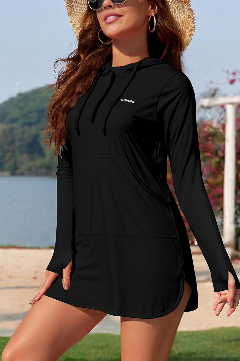 SHEKINI Rash Guard for Women Swimsuits Long Sleeve Tops with Pockets Zip Front Sun Protection Swim Shirts Solid Swimwear