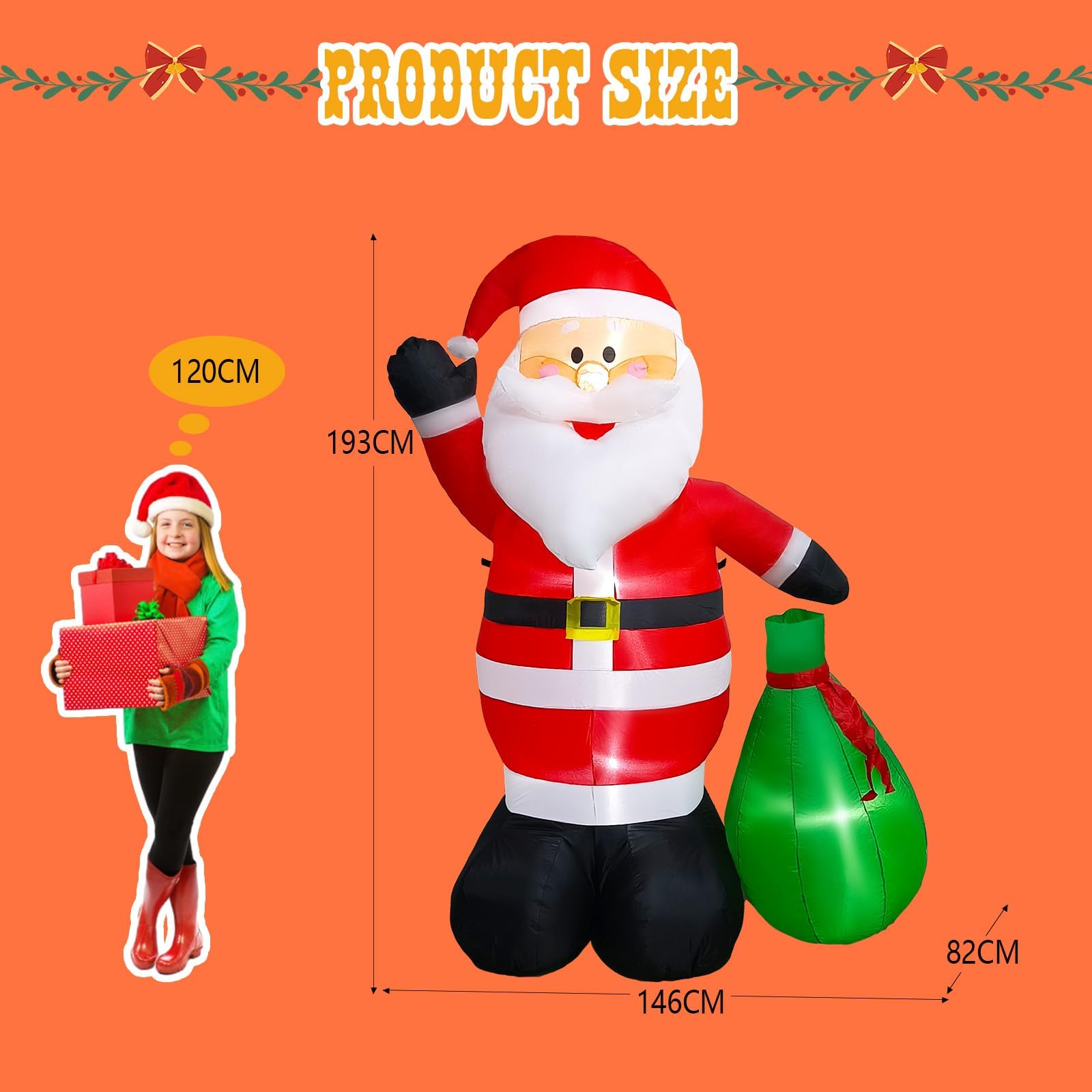 6FT (180CM) Inflables navideños Altos Papá Noel con Bolsa de Regalo, Inflables navideños de Papá Noel para Decoraciones navideñas inflables al Aire Libre para Patio