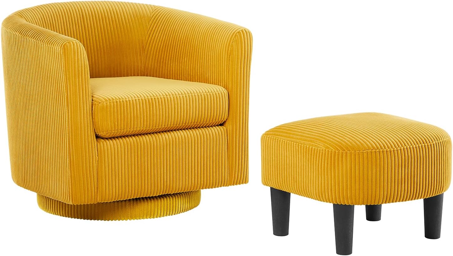 Swivel Accent Chair with Ottoman, Modern Upholstered Tufted Armchairs with Footstool, 360 Degree Swivel Barrel Sofa Chair, Corduroy Round Tub Sofa Chair with Foot Rest for Living Room (Orange)