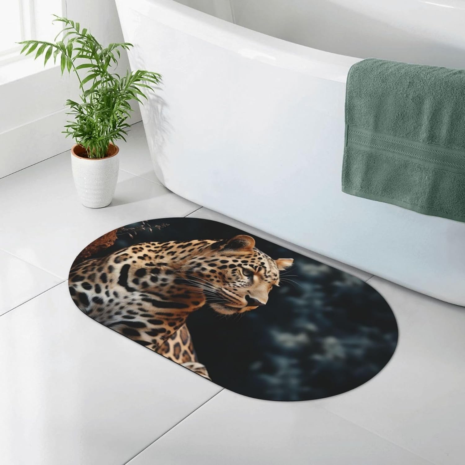 Stone Bath Mats A Leopard Sits Diatomaceous Earth Bath Mat Super Absorbent Bathroom Floor Mat Quick Drying Diatomite Shower Mat for Shower Bathtub Bathroom Accessory 19.7x31.5in