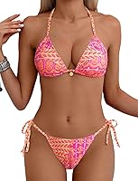 Tainehs Women's Sexy Halter Triangle Bikini Set - Adjustable Strappy Top & Cheeky Thong Bottom Swimwear
